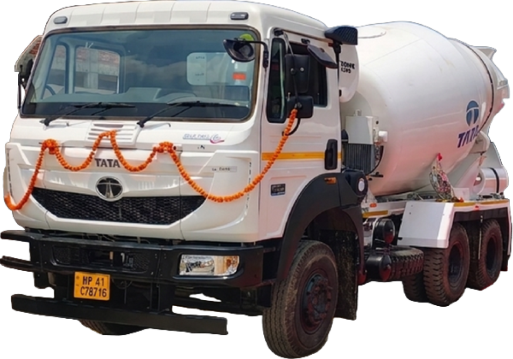 Yuvraj RMC Tata transit mixer, decorated with marigolds on delivery day